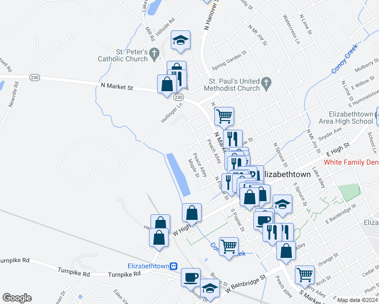 map of restaurants, bars, coffee shops, grocery stores, and more near 243 Maple Street in Elizabethtown