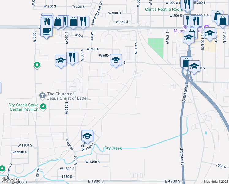 map of restaurants, bars, coffee shops, grocery stores, and more near 585 West 850 South in Springville