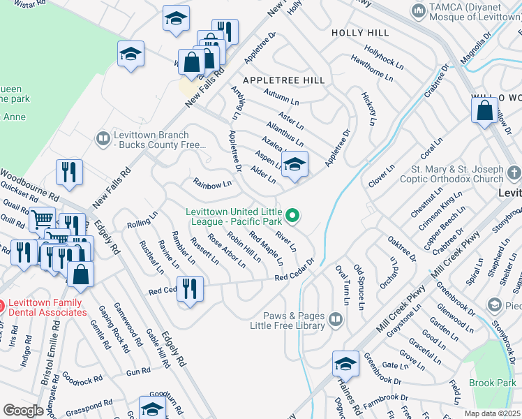 map of restaurants, bars, coffee shops, grocery stores, and more near 61 River Lane in Levittown