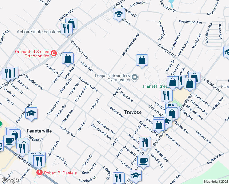 map of restaurants, bars, coffee shops, grocery stores, and more near 372 East Myrtle Avenue in Feasterville-Trevose