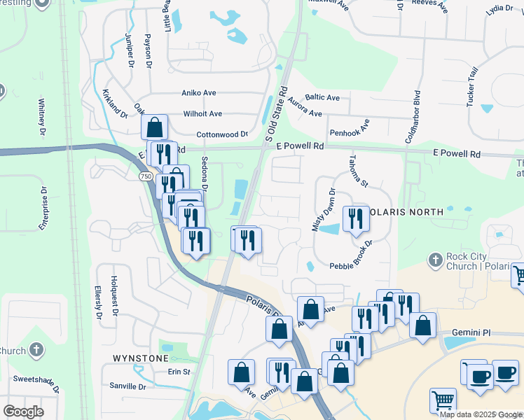 map of restaurants, bars, coffee shops, grocery stores, and more near 865 Polaris Grand Drive in Columbus