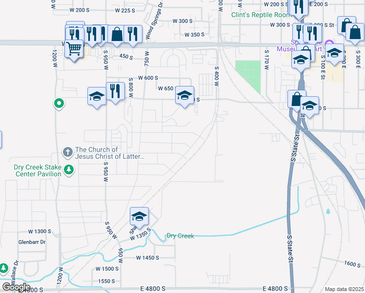 map of restaurants, bars, coffee shops, grocery stores, and more near 585 West 850 South in Springville