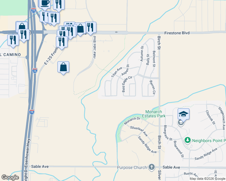 map of restaurants, bars, coffee shops, grocery stores, and more near 10612 Aspen Street in Longmont