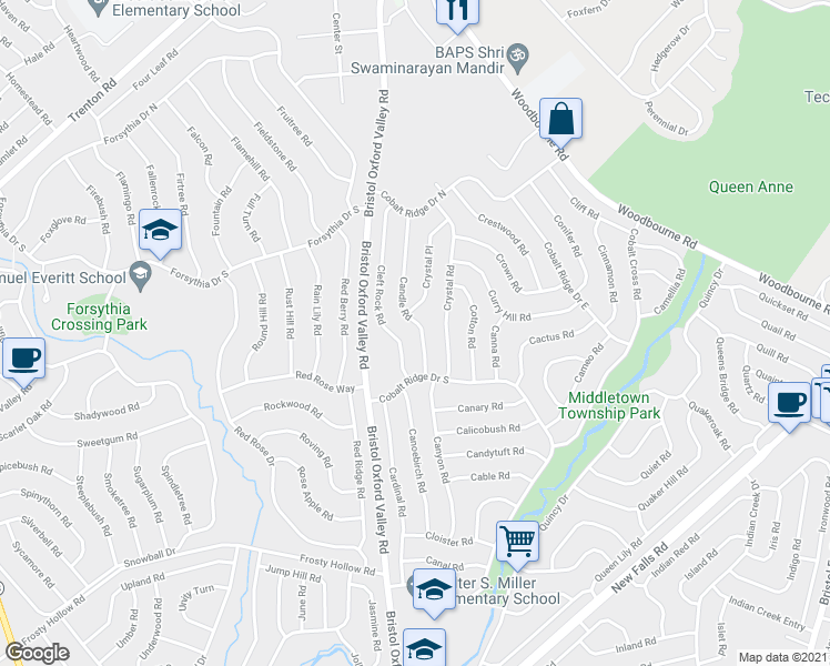 map of restaurants, bars, coffee shops, grocery stores, and more near 2 Crystal Place in Levittown