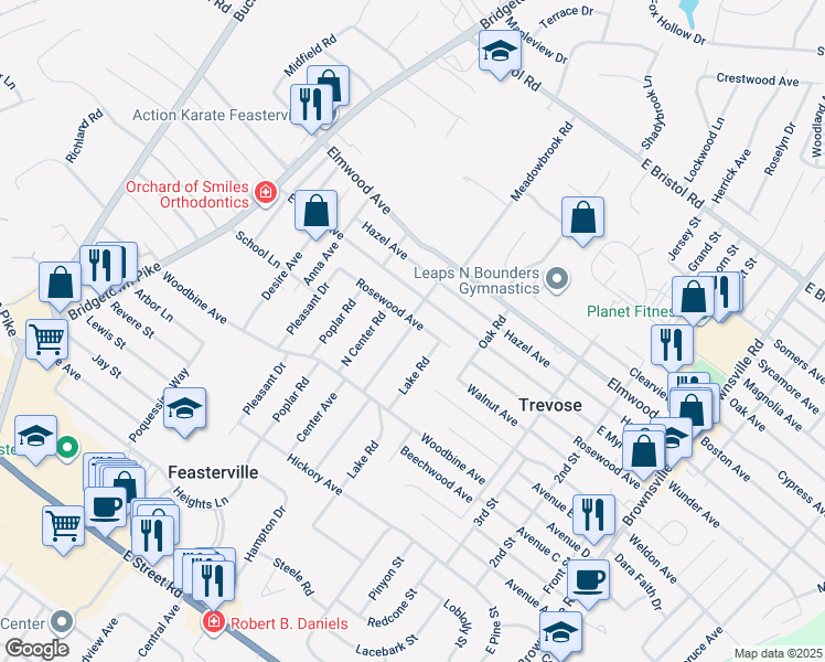 map of restaurants, bars, coffee shops, grocery stores, and more near 1609 Meadowbrook Road in Trevose