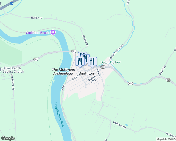 map of restaurants, bars, coffee shops, grocery stores, and more near 127 1st Street in Smithton
