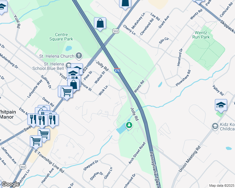 map of restaurants, bars, coffee shops, grocery stores, and more near 1315 Meadow Drive in Blue Bell