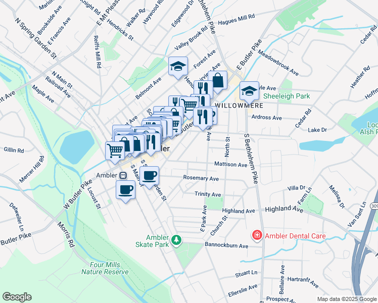 map of restaurants, bars, coffee shops, grocery stores, and more near 124 Greenwood Avenue in Ambler