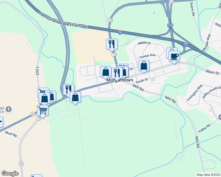 map of restaurants, bars, coffee shops, grocery stores, and more near 108 Mulberry Court in Morgantown