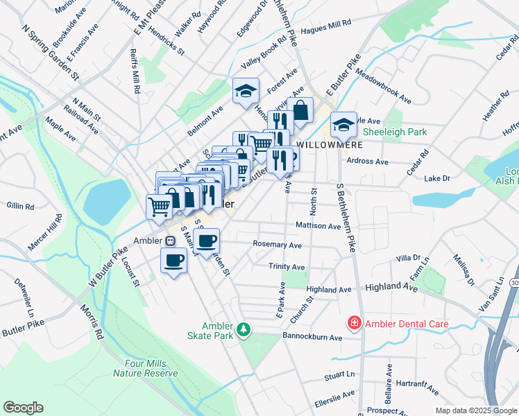 map of restaurants, bars, coffee shops, grocery stores, and more near 124 Greenwood Avenue in Ambler