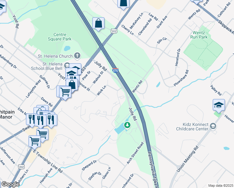 map of restaurants, bars, coffee shops, grocery stores, and more near 1404 Meadow Drive in Blue Bell