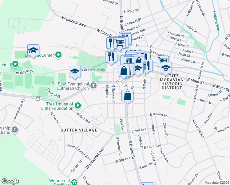 map of restaurants, bars, coffee shops, grocery stores, and more near 129 South Spruce Street in Lititz