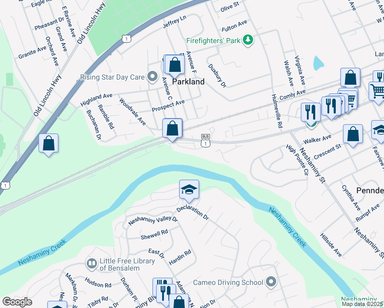 map of restaurants, bars, coffee shops, grocery stores, and more near 1215 Rising Sun Avenue in Langhorne
