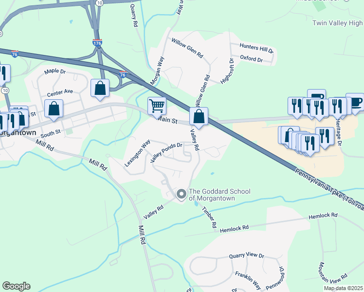 map of restaurants, bars, coffee shops, grocery stores, and more near 100 Country Lane in Morgantown