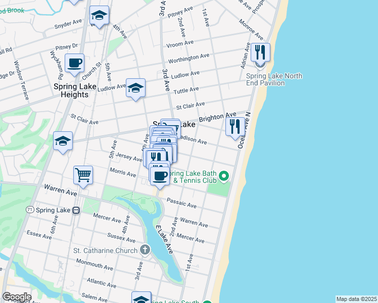map of restaurants, bars, coffee shops, grocery stores, and more near 209 Madison Avenue in Spring Lake