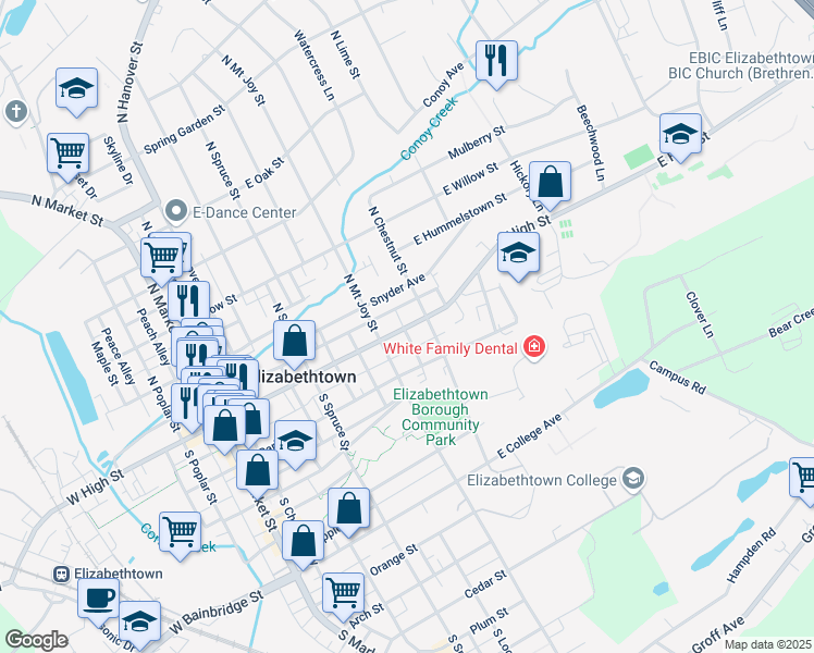 map of restaurants, bars, coffee shops, grocery stores, and more near 433 Mechanics Alley in Elizabethtown