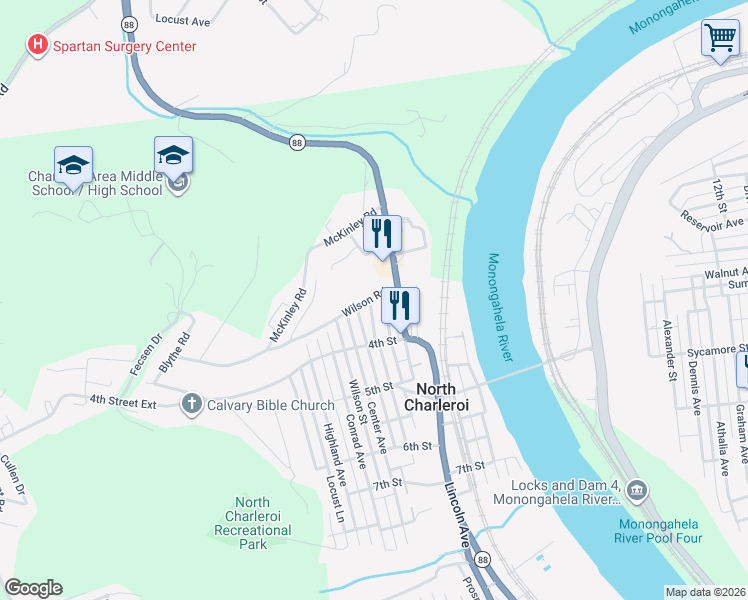 map of restaurants, bars, coffee shops, grocery stores, and more near 7 Lockview Avenue in North Charleroi