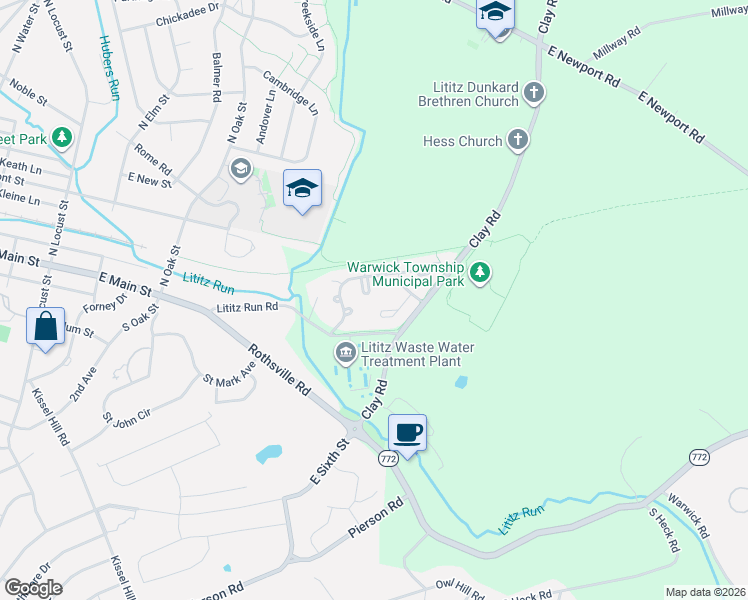 map of restaurants, bars, coffee shops, grocery stores, and more near 3 Tumbling Run in Lititz