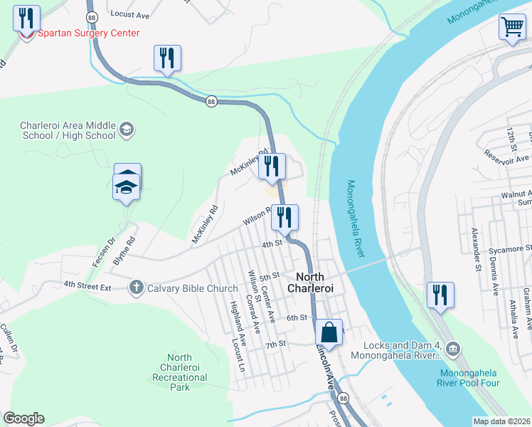map of restaurants, bars, coffee shops, grocery stores, and more near 7 Lockview Avenue in North Charleroi