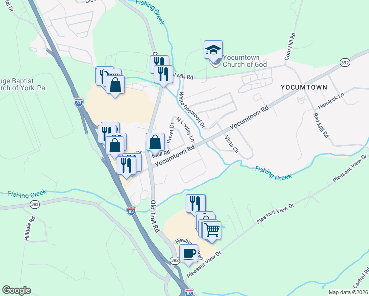 map of restaurants, bars, coffee shops, grocery stores, and more near 1 North Conley Lane in Goldsboro