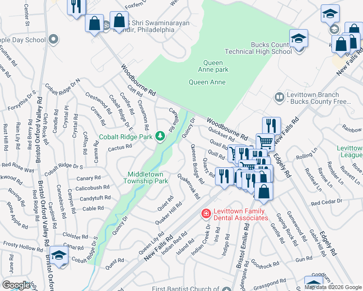 map of restaurants, bars, coffee shops, grocery stores, and more near 75 Queens Bridge Road in Levittown