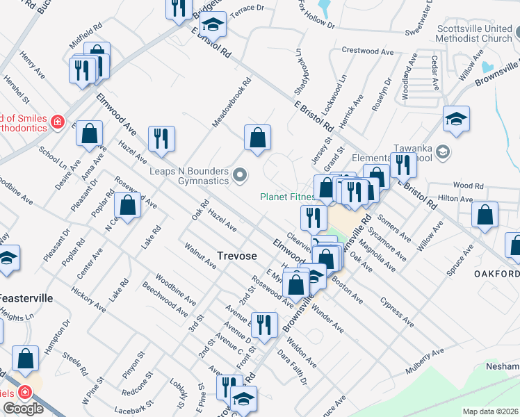 map of restaurants, bars, coffee shops, grocery stores, and more near 365 Andrews Road in Feasterville-Trevose