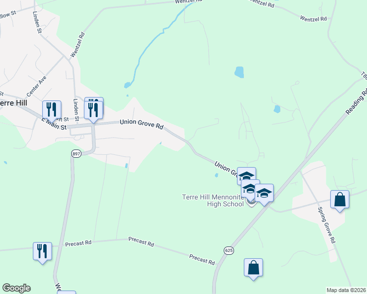 map of restaurants, bars, coffee shops, grocery stores, and more near 1362 Union Grove Road in Terre Hill