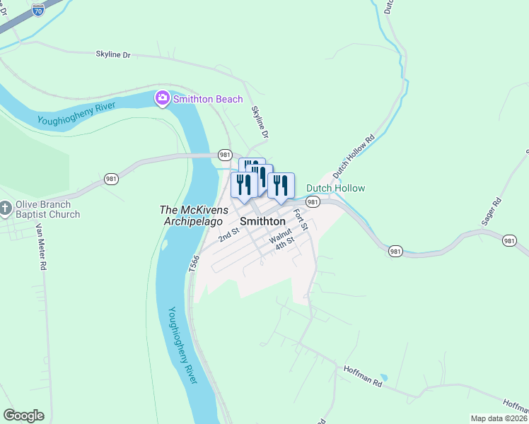 map of restaurants, bars, coffee shops, grocery stores, and more near 127 1st Street in Smithton