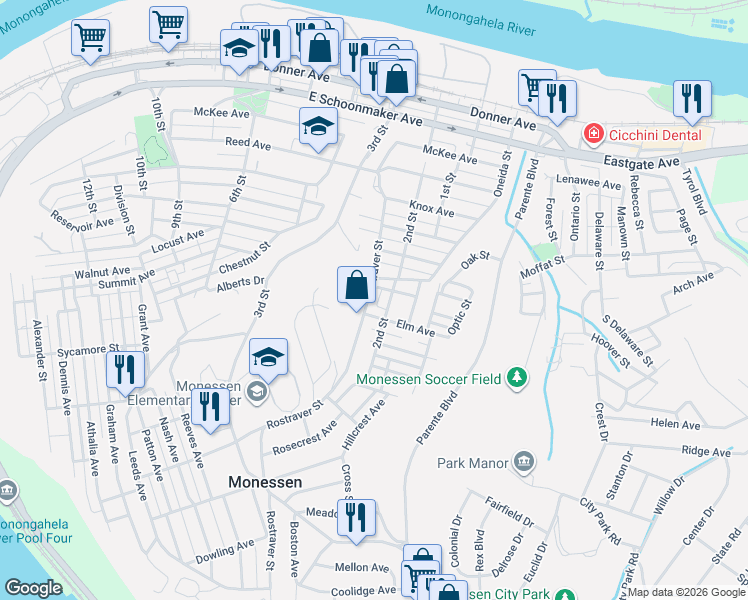 map of restaurants, bars, coffee shops, grocery stores, and more near 204 Luce Avenue in Monessen