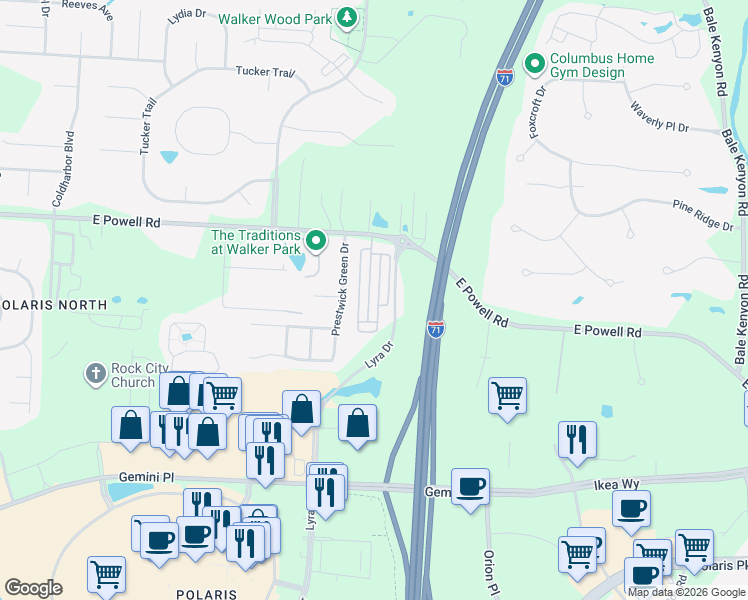 map of restaurants, bars, coffee shops, grocery stores, and more near 9300 Polaris Green Drive in Columbus