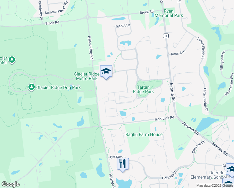 map of restaurants, bars, coffee shops, grocery stores, and more near 7156 Emmet Row Lane in Dublin