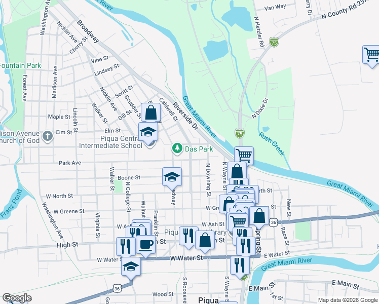 map of restaurants, bars, coffee shops, grocery stores, and more near 902 Caldwell Street in Piqua