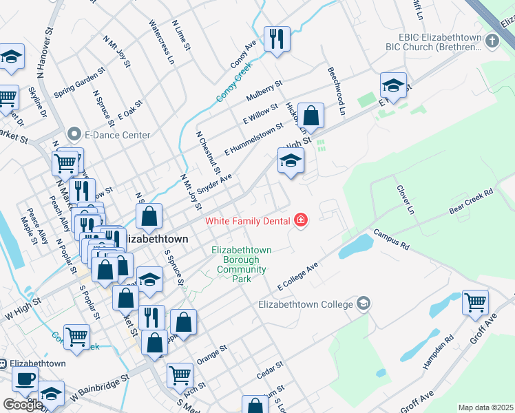 map of restaurants, bars, coffee shops, grocery stores, and more near 554 East High Street in Elizabethtown