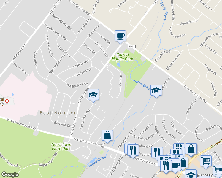 map of restaurants, bars, coffee shops, grocery stores, and more near 610 Stony Way in East Norriton