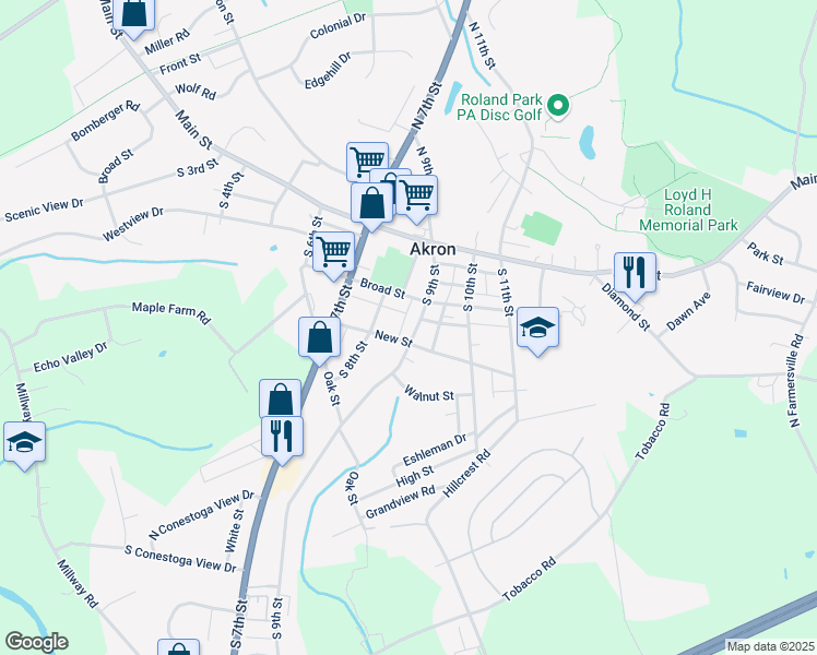 map of restaurants, bars, coffee shops, grocery stores, and more near 130 South 9th Street in Akron