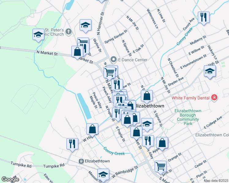 map of restaurants, bars, coffee shops, grocery stores, and more near 201 North Market Street in Elizabethtown