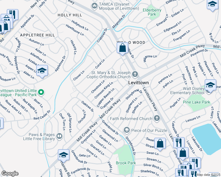 map of restaurants, bars, coffee shops, grocery stores, and more near 43 Copper Beech Lane in Levittown