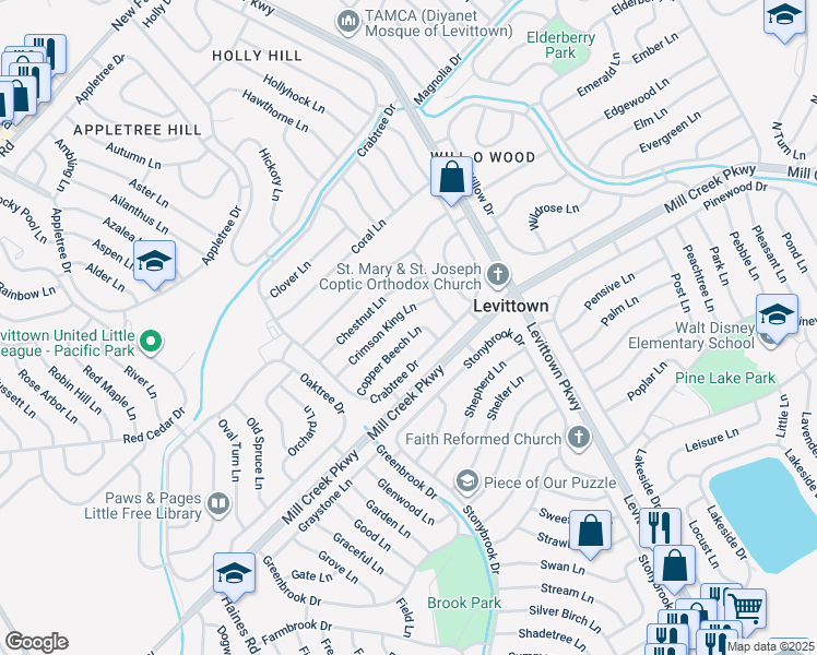 map of restaurants, bars, coffee shops, grocery stores, and more near 43 Copper Beech Lane in Levittown