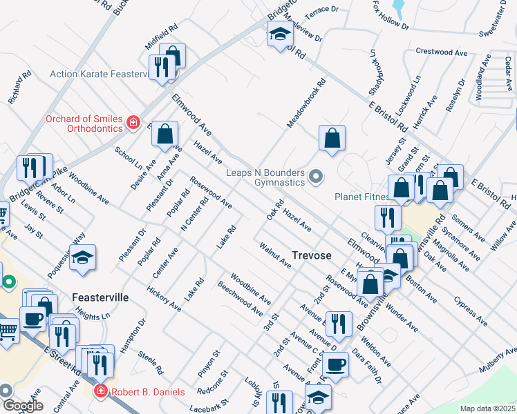 map of restaurants, bars, coffee shops, grocery stores, and more near 372 East Myrtle Avenue in Feasterville-Trevose