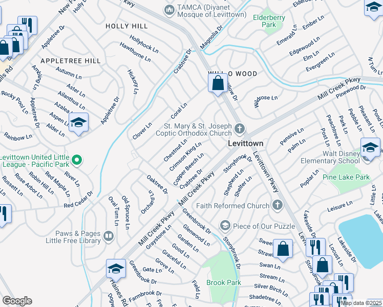 map of restaurants, bars, coffee shops, grocery stores, and more near 42 Crimson King Lane in Levittown