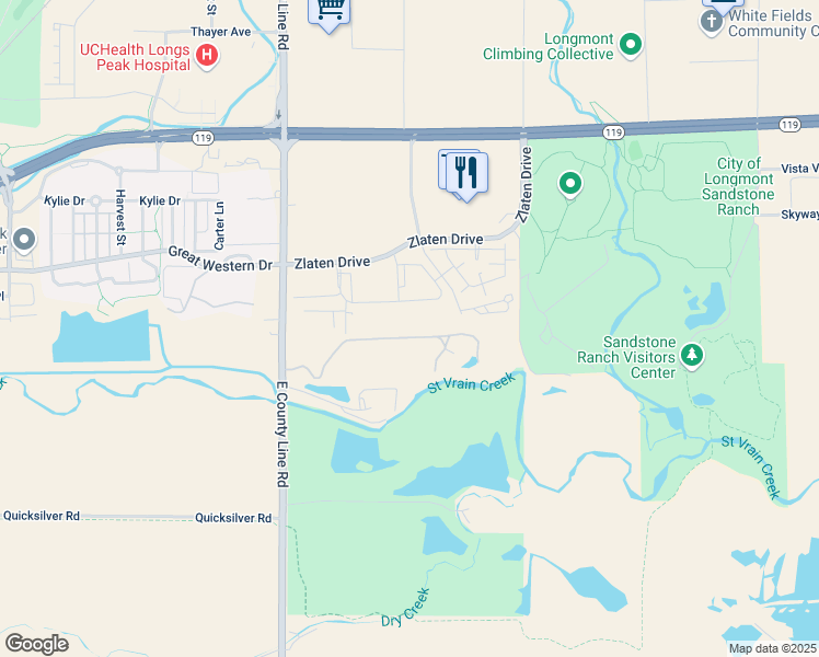 map of restaurants, bars, coffee shops, grocery stores, and more near 10702 County Road 1 in Longmont