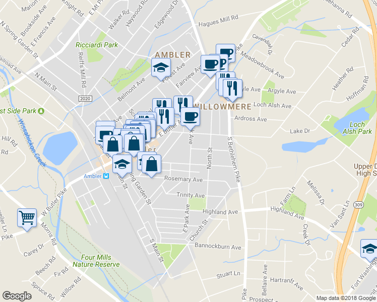 map of restaurants, bars, coffee shops, grocery stores, and more near 132 East Park Avenue in Ambler