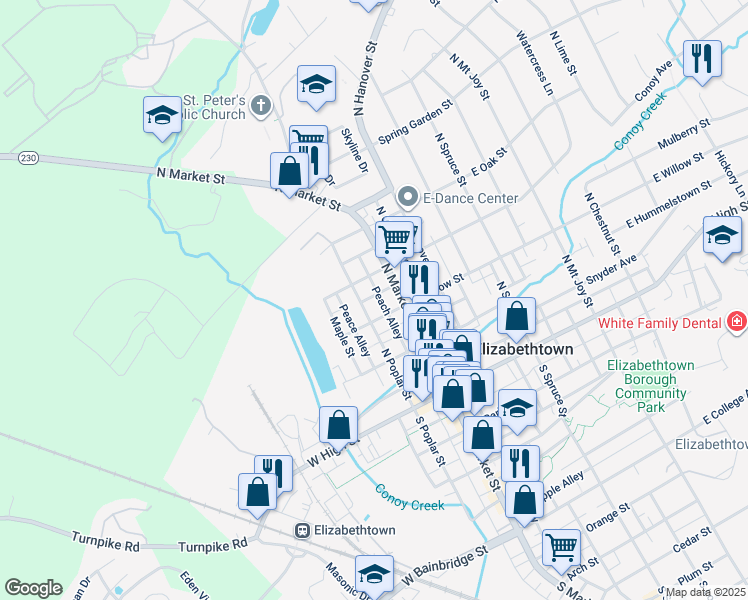 map of restaurants, bars, coffee shops, grocery stores, and more near 40 Cottage Avenue in Elizabethtown