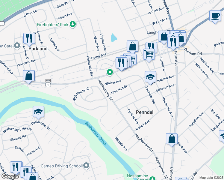 map of restaurants, bars, coffee shops, grocery stores, and more near 532 Crescent Street in Penndel