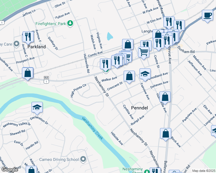 map of restaurants, bars, coffee shops, grocery stores, and more near 532 Crescent Street in Penndel