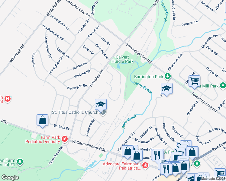 map of restaurants, bars, coffee shops, grocery stores, and more near 610 Stony Way in East Norriton