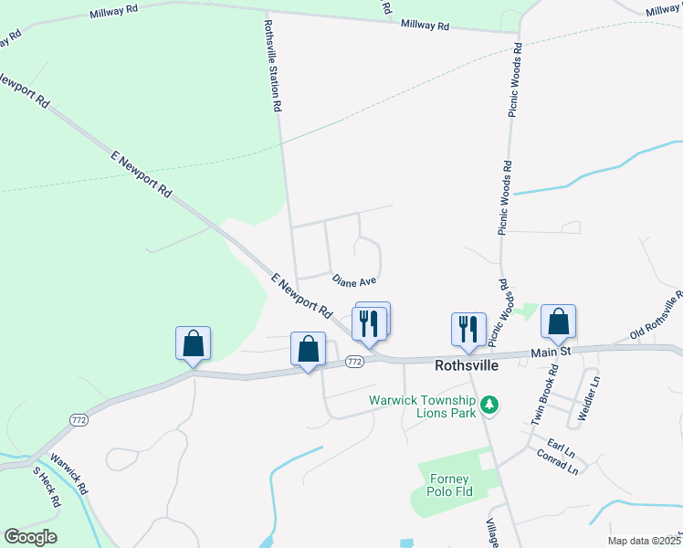 map of restaurants, bars, coffee shops, grocery stores, and more near 19 Diane Avenue in Lititz