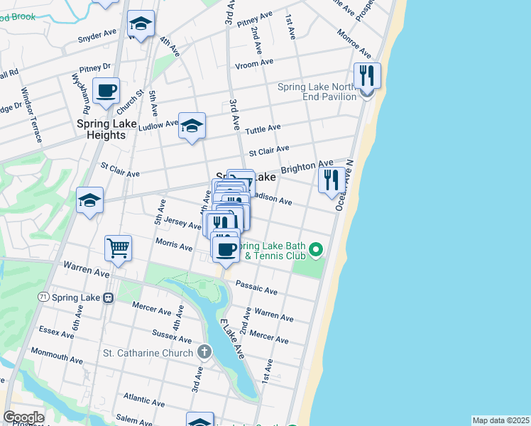 map of restaurants, bars, coffee shops, grocery stores, and more near 209 Madison Avenue in Spring Lake