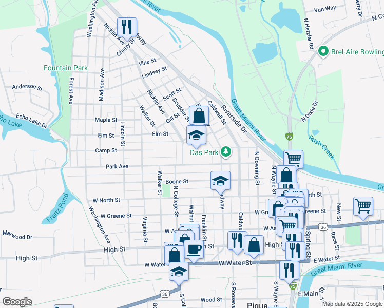 map of restaurants, bars, coffee shops, grocery stores, and more near 624 Park Avenue in Piqua