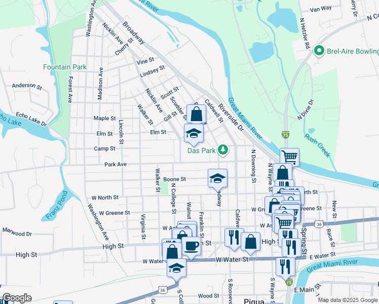 map of restaurants, bars, coffee shops, grocery stores, and more near 624 Park Avenue in Piqua